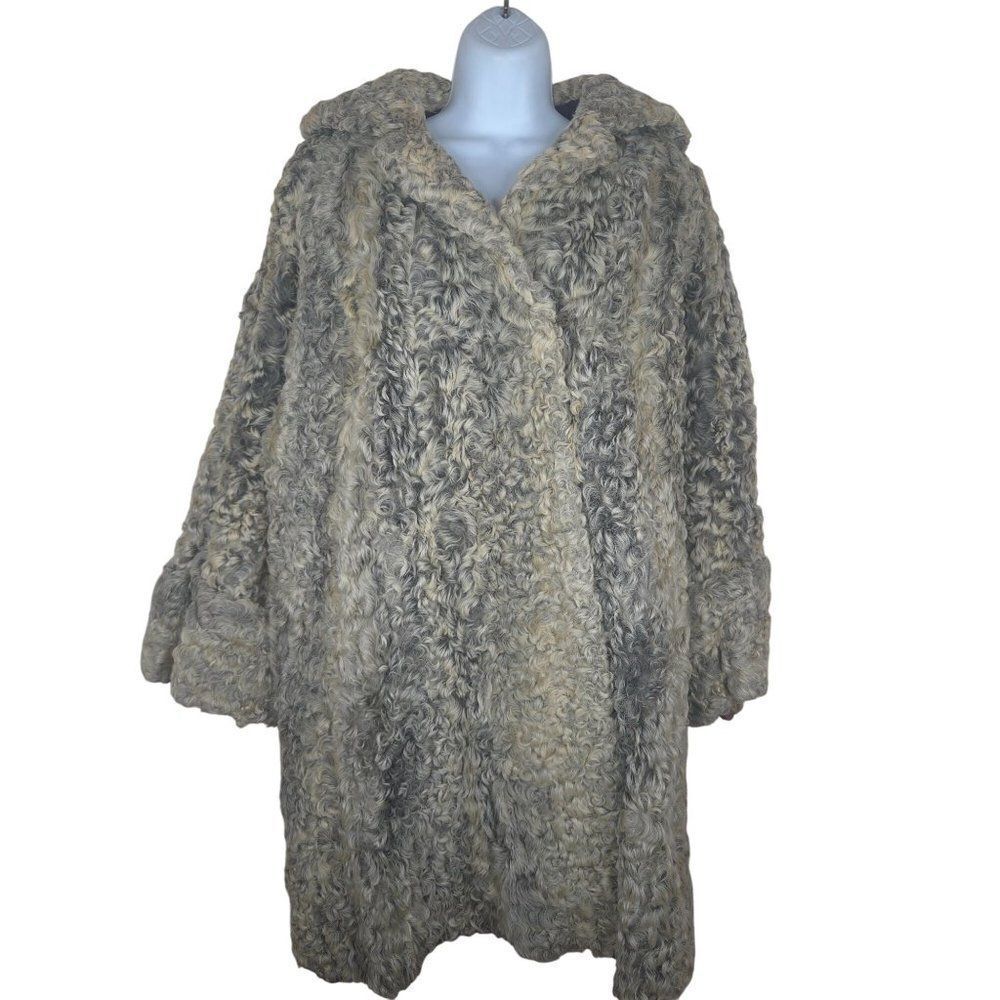 Vintage 50s Curly Lamb Mongolian Fur Coat Beige Gray Womens M Jordan Marsh